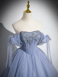 Niulatu A-Line Tulle Beads Long Prom Dress, Blue Long Formal Dress HZ1026
