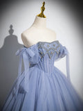 Niulatu A-Line Tulle Beads Long Prom Dress, Blue Long Formal Dress HZ1026