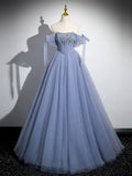 Niulatu A-Line Tulle Beads Long Prom Dress, Blue Long Formal Dress HZ1026