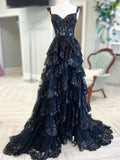 Niulatu Sweetheart Neck Tulle Sequin Black Long Prom Dress, Black Formal Dress HZ1026
