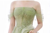Niulatu Off Shoulder Lace Long Prom Dress, Green Formal Dress HZ1026