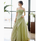 Niulatu Off Shoulder Lace Long Prom Dress, Green Formal Dress HZ1026