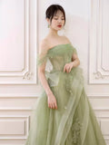 Niulatu Off Shoulder Lace Long Prom Dress, Green Formal Dress HZ1026