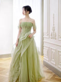 Niulatu Off Shoulder Lace Long Prom Dress, Green Formal Dress HZ1026