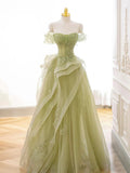 Niulatu Off Shoulder Lace Long Prom Dress, Green Formal Dress HZ1026