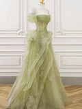 Niulatu Off Shoulder Lace Long Prom Dress, Green Formal Dress HZ1026