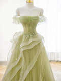 Niulatu Off Shoulder Lace Long Prom Dress, Green Formal Dress HZ1026