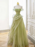 Niulatu Off Shoulder Lace Long Prom Dress, Green Formal Dress HZ1026