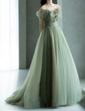 Niulatu Green Tulle Long Prom Dresses, Green Formal Evening Dresses HZ1026