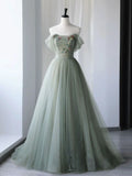 Niulatu Green Tulle Long Prom Dresses, Green Formal Evening Dresses HZ1026