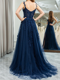 Niulatu Elegant Sweetheart Neck Tulle Lace Dark Blue Long Prom Dress, Dark Blue Long Evening Dress HZ1026