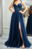 Niulatu Elegant Sweetheart Neck Tulle Lace Dark Blue Long Prom Dress, Dark Blue Long Evening Dress HZ1026