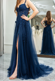 Niulatu Elegant Sweetheart Neck Tulle Lace Dark Blue Long Prom Dress, Dark Blue Long Evening Dress HZ1026