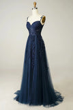 Niulatu Elegant Sweetheart Neck Tulle Lace Dark Blue Long Prom Dress, Dark Blue Long Evening Dress HZ1026