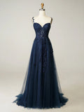 Niulatu Elegant Sweetheart Neck Tulle Lace Dark Blue Long Prom Dress, Dark Blue Long Evening Dress HZ1026