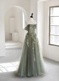 Niulatu Green A-Line Off Shoulder Tulle Lace Long Prom Dress, Green Tulle Formal Dress HZ1026