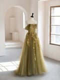 Niulatu Green A-Line Off Shoulder Tulle Lace Long Prom Dress, Green Tulle Formal Dress HZ1026