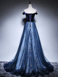 Niulatu Blue Tulle Velvet Long Prom Dress, Blue Evening Dress HZ1026