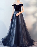 Niulatu Blue Tulle Velvet Long Prom Dress, Blue Evening Dress HZ1026