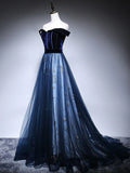 Niulatu Blue Tulle Velvet Long Prom Dress, Blue Evening Dress HZ1026
