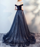 Niulatu Blue Tulle Velvet Long Prom Dress, Blue Evening Dress HZ1026
