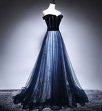 Niulatu Blue Tulle Velvet Long Prom Dress, Blue Evening Dress HZ1026