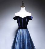 Niulatu Blue Tulle Velvet Long Prom Dress, Blue Evening Dress HZ1026