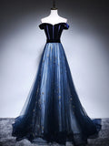 Niulatu Blue Tulle Velvet Long Prom Dress, Blue Evening Dress HZ1026