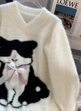 Niulatu Cat Loose V-Neck Long Sleeve Sweater HZ1108