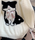 Niulatu Cat Loose V-Neck Long Sleeve Sweater HZ1108
