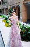 Niulatu A-line Tulle Sequined Long Prom Dress,Purple Evening Dress HZ1108