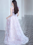 Niulatu A-line Tulle Sequined Long Prom Dress,Purple Evening Dress HZ1108