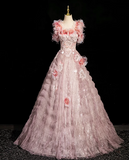 Niulatu A-line square neck tulle beaded formal long dress, pink birthday dress HZ1108