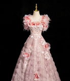 Niulatu A-line square neck tulle beaded formal long dress, pink birthday dress HZ1108