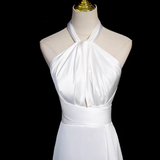 Niulatu halter neck satin mermaid formal long dress , white wedding dress HZ1108