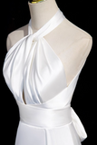 Niulatu halter neck satin mermaid formal long dress , white wedding dress HZ1108