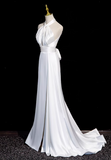 Niulatu halter neck satin mermaid formal long dress , white wedding dress HZ1108