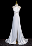 Niulatu halter neck satin mermaid formal long dress , white wedding dress HZ1108