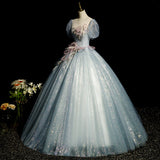 Niulatu blue A-line tulle sequins formal long dress, gray blue evening dress HZ1108