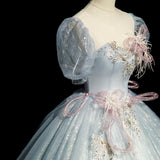 Niulatu blue A-line tulle sequins formal long dress, gray blue evening dress HZ1108