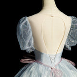 Niulatu blue A-line tulle sequins formal long dress, gray blue evening dress HZ1108