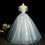 Niulatu blue A-line tulle sequins formal long dress, gray blue evening dress HZ1108