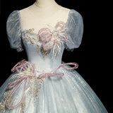 Niulatu blue A-line tulle sequins formal long dress, gray blue evening dress HZ1108