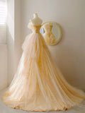 Niulatu Tulle Lace Champagne Long Prom Dress, Champagne Long Formal Dress HZ1108