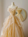 Niulatu Tulle Lace Champagne Long Prom Dress, Champagne Long Formal Dress HZ1108