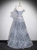 Niulatu A-line Off-shoulder Tulle Long Prom Dress, Gray Evening Dress HZ1108
