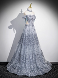 Niulatu A-line Off-shoulder Tulle Long Prom Dress, Gray Evening Dress HZ1108