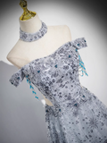 Niulatu A-line Off-shoulder Tulle Long Prom Dress, Gray Evening Dress HZ1108