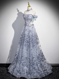 Niulatu A-line Off-shoulder Tulle Long Prom Dress, Gray Evening Dress HZ1108