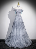 Niulatu A-line Off-shoulder Tulle Long Prom Dress, Gray Evening Dress HZ1108
